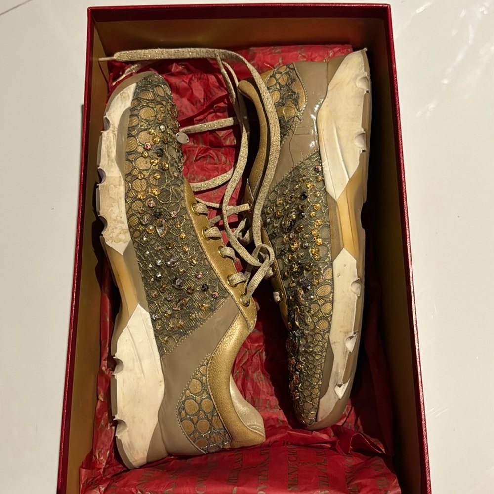 Rene Caovilla Swarovski embellished crystal tennis sneakers athletic gold 37 7